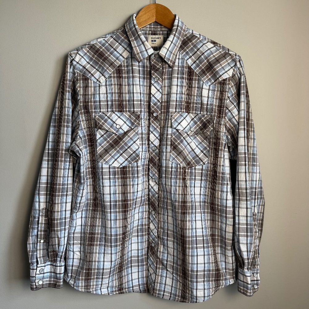 Old Navy Men's Western Plaid Linen Blend‎ Pearl Snap Shirt Medium Cowboy Rodeo